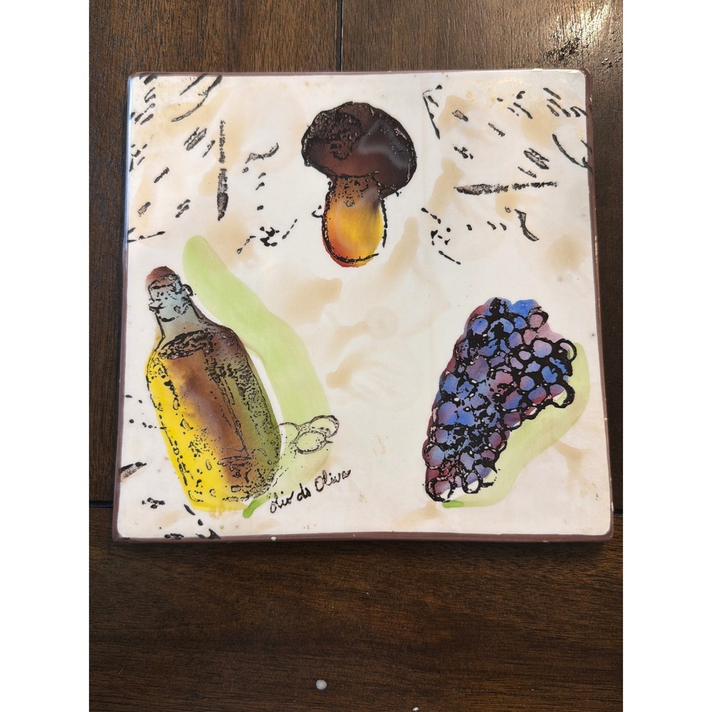 Vintage Antica Fornace Italian Ceramic Olive Oil Mushroom Square Trivet Platter
